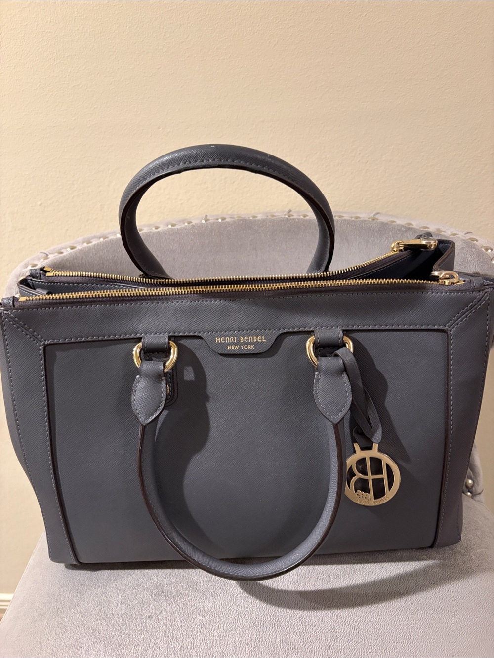 Henri Bendel blue saffiano satchel with gold charm